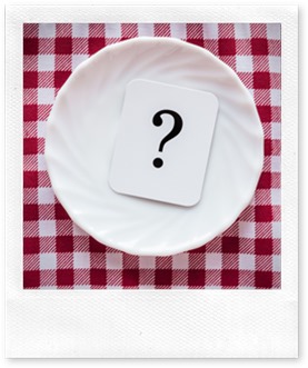 Question mark in the clean, empty, white plate on the tablecloth. Starving people. Meal waiting concept. Top view.