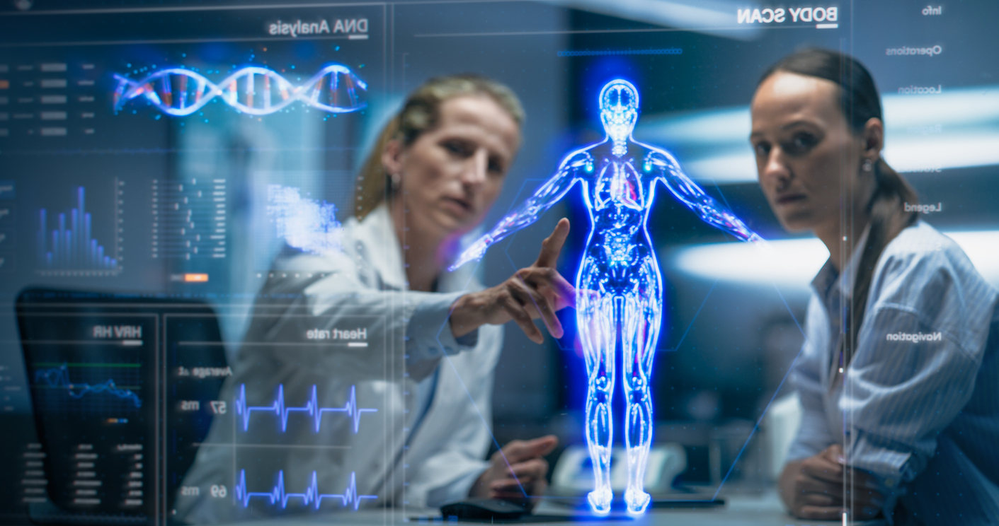 Physician and Patient Analyze a Holographic Body Model; changing medicine concept